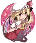  1girl :d asa_(coco) ascot blonde_hair blush crystal fang flandre_scarlet frilled_shirt_collar frills hat hat_ribbon laevatein looking_at_viewer mob_cap open_mouth puffy_short_sleeves puffy_sleeves red_eyes ribbon short_sleeves side_ponytail skirt skirt_set smile solo touhou upper_body wings wrist_cuffs 