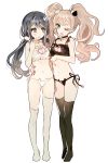  2girls :o alternate_hairstyle arm_around_waist bell bell_choker black_legwear blue_eyes blue_hair breasts cat_cutout cat_ear_panties cat_lingerie choker cleavage cleavage_cutout dangan_ronpa dangan_ronpa_1 enoshima_junko eyelashes hair_ornament hairclip jingle_bell lingerie long_hair low_twintails maizono_sayaka multiple_girls nail_polish navel one_eye_closed open_mouth otohime_(kk23maa) panties pink_hair red_nails side-tie_panties standing thigh-highs twintails underwear white_background white_legwear 