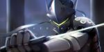  1boy blurry bodysuit copyright_name cyborg depth_of_field genji_(overwatch) helmet highres katana long_hair mask overwatch reroi reverse_grip sketch solo sword weapon 