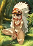  1girl bikini blue_eyes chain daydream_(zhdkffk21) headdress highres horns long_hair native_american native_american_headdress original swimsuit tattoo tree very_long_hair white_hair 