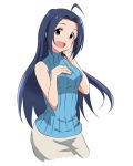  1girl ahoge blue_hair brown_eyes idolmaster lieass long_hair looking_at_viewer miura_azusa open_mouth simple_background solo white_background 