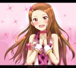  1girl brown_hair character_name collar hair_ornament idolmaster interlocked_fingers lieass long_hair minase_iori open_mouth red_eyes solo 