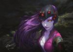  1girl bodysuit center_opening collarbone dated head_mounted_display helmet high_ponytail highres light_smile lips lipstick long_hair looking_at_viewer makeup orange_eyes overwatch ponytail purple_hair purple_lipstick purple_skin signature solo upper_body very_long_hair visor widowmaker_(overwatch) 