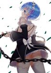  1girl absurdres ass blue_eyes bow chain detached_sleeves dress frills from_behind hair_ornament highres leaf looking_at_viewer looking_back maid open-back_dress panties pantyshot pantyshot_(standing) re:zero_kara_hajimeru_isekai_seikatsu rem_(re:zero) short_hair sll solo standing thigh-highs underwear white_legwear x_hair_ornament 