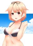  1girl absurdres adapted_costume akky_(akimi1127) alternate_hair_length alternate_hairstyle bikini blonde_hair blush breasts cleavage fang hair_flaps hair_ornament hair_ribbon hairclip highres kantai_collection navel red_eyes remodel_(kantai_collection) ribbon short_hair solo swimsuit yuudachi_(kantai_collection) 