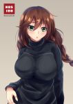  1girl :o absurdres arm_at_side bangs black_sweater braid breasts brown_hair eyebrows eyebrows_visible_through_hair green_eyes hair_between_eyes highres kantai_collection large_breasts long_hair looking_at_viewer loussier666 noshiro_(kantai_collection) simple_background solo sweater turtleneck twitter_username upper_body 