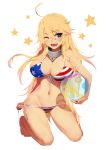  1girl ahoge american_flag american_flag_bikini ball barefoot bba1985 beachball bikini blonde_hair breasts cleavage flag_print front-tie_bikini front-tie_top full_body groin highres holding iowa_(kantai_collection) kantai_collection kneeling large_breasts long_hair navel open_mouth revision side-tie_bikini simple_background solo star star-shaped_pupils striped striped_bikini swimsuit symbol-shaped_pupils violet_eyes white_background wink 