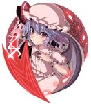  1girl asa_(coco) bat_wings blue_hair dress fang frilled_shirt frilled_shirt_collar frilled_sleeves frills hat hat_ribbon looking_at_viewer mob_cap pink_dress puffy_short_sleeves puffy_sleeves red_eyes red_ribbon remilia_scarlet ribbon shirt short_sleeves skirt skirt_set smile solo spear_the_gungnir touhou upper_body wings 