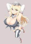 1girl arms_up blonde_hair breasts elbow_gloves garter_straps gloves grey_background high_heels iowa_(kantai_collection) kantai_collection lang_(chikage36) large_breasts long_hair looking_at_viewer simple_background smile solo star star-shaped_pupils symbol-shaped_pupils thighs white_gloves 