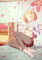  1girl :3 bed_sheet black_legwear blonde_hair blush book closed_eyes closed_mouth collarbone curtains earphones earphones flower hair_flower hair_ornament head_tilt holding long_sleeves on_bed pantyhose petals sakura_trick sitting skirt smile socks solid_oval_eyes solo sonoda_yuu stuffed_animal stuffed_toy sweater truc_bui twintails white_legwear 