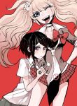  2girls alternate_eye_color black_hair blonde_hair blue_eyes bow breasts choker cleavage dangan_ronpa dangan_ronpa_1 enoshima_junko freckles hair_ornament ikusaba_mukuro long_hair multiple_girls necktie negi_(loveyr) school_uniform short_hair siblings sisters skirt sleeves_rolled_up smile spoilers tattoo twintails violet_eyes 