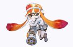  1girl akira_hou arm_support bangs bike_shorts black_shorts blunt_bangs brown_eyes domino_mask hand_on_own_cheek inkling jacket long_sleeves mask mini_splatling_(splatoon) orange_hair pointy_ears shoes shorts simple_background single_vertical_stripe solo splatoon standing tentacle_hair visor white_background white_jacket 