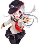  1girl anchor_symbol black_legwear black_skirt blue_eyes blush flat_cap hair_between_eyes hat hibiki_(kantai_collection) kantai_collection long_hair looking_at_viewer neckerchief reaching_out school_uniform serafuku skirt tears thigh-highs white_hair yakusuke 