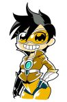  1girl bkub black_hair bodysuit chibi goggles grin hand_on_hip jacket looking_at_viewer overwatch short_hair simple_background skin_tight smile solo spiky_hair tracer_(overwatch) 
