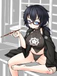  1girl amau_(kosmos) barefoot black_hair black_jacket black_panties blue_eyes breasts collarbone crop_top girls_und_panzer glasses halterneck highres jacket kiseru large_breasts long_sleeves looking_at_viewer low_ponytail oryou_(girls_und_panzer) panties pipe red-framed_glasses sitting solo underwear 