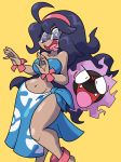  1girl @_@ ahoge al_bhed_eyes breasts dark_skin fuyou_(pokemon) fuyou_(pokemon)_(cosplay) gastly hair_ornament hairband hex_maniac_(pokemon) highres long_hair messy_hair navel npc pokemon pokemon_(creature) pokemon_(game) pokemon_xy purple_hair sarong shenanimation strapless tubetop violet_eyes 