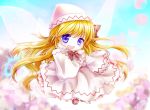  1girl :d blonde_hair blue_eyes blue_sky blurry cherry_blossoms depth_of_field dress fairy_wings flying hand_on_own_cheek hat lily_white long_hair long_sleeves looking_at_viewer open_mouth sky smile solo touhou tsukiori_sasa very_long_hair wings 