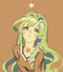  1girl brown_background casual cheong_ha frog_hair_ornament green_eyes green_hair hair_ornament hair_tubes kochiya_sanae long_hair snake_hair_ornament solo touhou 