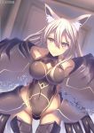  1girl animal_ears bare_shoulders boots grey_hair hair_between_eyes highres lao_meng leotard long_hair looking_at_viewer original smile solo thigh-highs thigh_boots yellow_eyes 