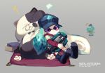  1girl akira_hou angry aqua_hair baseball_cap boots dish domino_mask fish_bone fume grey_background hat inkling jajji-kun_(splatoon) jellyfish_(splatoon) layered_clothing long_hair mask pillow pointy_ears saliva seeker_(splatoon) short_over_long_sleeves sitting splatoon tentacle_hair violet_eyes 