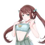  1girl :t artist_name asagumo_(kantai_collection) blue_eyes bra brown_hair disco_brando hair_ribbon highres kantai_collection pout ribbon skirt solo suspenders twintails underwear 