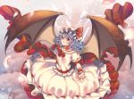  1girl ascot bat_wings blue_hair bow cheong_ha frills hat hat_bow mob_cap petals red_eyes remilia_scarlet solo touhou wings wrist_cuffs 