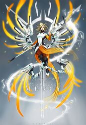  1girl ankle_wings beam blonde_hair blue_eyes bodysuit boots bridal_gauntlets brown_legwear character_name commentary e.h._macmillan faulds flying full_body high_ponytail highres knee_boots long_hair low_wings mechanical_halo mechanical_wings mercy_(overwatch) multiple_wings overwatch pantyhose pelvic_curtain red_cross solo staff wings 