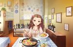  1girl alcohol artist_request brown_hair cup flower food hair_flower hair_ornament idolmaster idolmaster_cinderella_girls idolmaster_cinderella_girls_starlight_stage jewelry long_hair necklace official_art paella pink_rose red_eyes rose seki_hiromi wavy_hair wine 