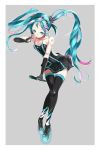  1girl aqua_eyes aqua_hair boots elbow_gloves fingerless_gloves full_body gloves grey_background hatsune_miku headset highres leaning_forward long_hair microphone namuru_(kurinton) skirt solo tattoo thigh-highs thigh_boots twintails very_long_hair vocaloid 