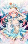  1girl :d \m/ blue_eyes blush bow breasts cleavage crown dress elbow_gloves gloves hair_bow head_tilt holding kaze-hime long_hair looking_at_viewer low_twintails open_mouth original pink_hair scepter smile solo treble_clef twintails very_long_hair watermark web_address white_gloves 