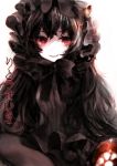  1girl black_hair dress gothic_lolita highres horns isolated_island_oni kantai_collection kinyla lolita_fashion long_hair red_eyes shinkaisei-kan smile solo 