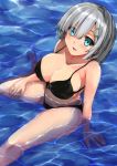  1girl bikini black_bikini blue_eyes breasts collarbone hair_ornament hair_over_one_eye hairclip hamakaze_(kantai_collection) hand_on_thigh highres kantai_collection kishirotou large_breasts looking_at_viewer looking_up open_mouth short_hair silver_hair sitting smile solo swimsuit wariza water 