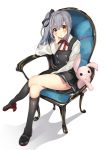  1girl black_legwear black_skirt chair chin_rest crossed_legs from_above full_body hair_between_eyes highres jumper kantai_collection kasumi_(kantai_collection) kneehighs long_hair looking_at_viewer miniskirt remodel_(kantai_collection) serious side_ponytail silver_hair sitting skirt stuffed_animal stuffed_bunny stuffed_toy thighs yakusuke yellow_eyes 