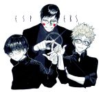  3boys arm_holding bangs bespectacled black_eyes black_hair black_jacket black_necktie black_shirt blue_shirt blunt_bangs blush_stickers closed_mouth collared_shirt ekubo_(mob_psycho_100) finger_touching glasses grey_eyes grin hanazawa_teruki hand_on_own_arm hand_up hitodama index_finger_raised jacket kageyama_shigeo lens_flare light_particles long_sleeves looking_at_another looking_at_viewer looking_to_the_side makeup male_focus mob_psycho_100 multiple_boys necktie pale_skin pigeon666 pout rimless_glasses shirt simple_background sleeves_rolled_up smile swept_bangs uneven_eyes upper_body white_background 