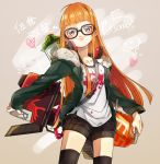  1girl blaster_(splatoon) cheeseko copyright_name glasses headphones ink_tank_(splatoon) jacket long_hair looking_at_viewer orange_hair persona persona_5 red_eyes sakura_futaba shirt short_shorts shorts smile solo splatoon thigh-highs 