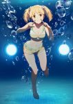  1girl blonde_hair bubble closed_mouth collarbone flower full_body green_eyes hair_flower hair_ornament head_tilt navel pointing pointing_at_self sakura_trick smile solo sonoda_yuu truc_bui twintails underwater 