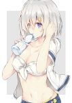  1girl adjusting_hair alternate_costume arm_up bikini bikini_bottom blue_eyes bottle breasts collarbone drinking hair_between_eyes hair_ornament hair_tucking hairclip hamakaze_(kantai_collection) highres holding_bottle kantai_collection looking_at_viewer midriff moonlaw navel open_clothes pink short_hair short_sleeves side-tie_bikini silver_hair solo swimsuit yellow_bikini_bottom 