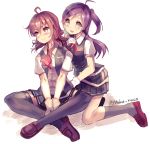  2girls ahoge arashi_(kantai_collection) bangs between_legs blush cis_(carcharias) commentary_request gloves hagikaze_(kantai_collection) hair_between_eyes hand_between_legs hand_on_another&#039;s_back hand_on_own_chest indian_style kantai_collection kneeling long_hair looking_at_viewer looking_to_the_side messy_hair multiple_girls neckerchief open_clothes open_mouth open_vest pleated_skirt purple_hair redhead ribbon school_uniform shirt shoes short_hair short_sleeves side_ponytail sidelocks sitting skirt smile socks thigh-highs twitter_username v_arms vest violet_eyes white_shirt yellow_eyes 