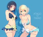  2girls :d arms_behind_back atago_(kantai_collection) bangs bikini bikini_skirt black_bikini blonde_hair blue_background blue_bikini blunt_bangs blush body_blush bow breasts character_name cleavage closed_mouth collarbone contrapposto cowboy_shot eyebrows eyebrows_visible_through_hair green_eyes groin hair_bun hand_on_own_chest highres kantai_collection large_breasts legs_apart legs_together looking_at_viewer multiple_girls navel open_mouth red_eyes short_hair simple_background smile standing stomach strap_gap swimsuit takao_(kantai_collection) tareme tebi_(tbd11) thigh_gap white_bow yellow_bow 