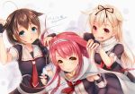  3girls ahoge black_hair black_serafuku blonde_hair blue_eyes braid fang fingerless_gloves gloves hair_flaps hair_ribbon hairband kantai_collection kawakaze_(kantai_collection) long_hair multiple_girls red_eyes redhead remodel_(kantai_collection) revision ribbon scarf school_uniform serafuku shigure_(kantai_collection) single_braid smile twintails white_scarf yellow_eyes youqiniang yuudachi_(kantai_collection) 