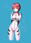  1girl arms_behind_back aya7 ayanami_rei ayanami_rei_(cosplay) bad_id bad_pixiv_id blush bodysuit boku_girl cosplay looking_at_viewer neon_genesis_evangelion pink_eyes pink_hair plugsuit short_hair solo suzushiro_mizuki 