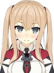  1girl asakura_meito blonde_hair blue_eyes capelet graf_zeppelin_(kantai_collection) kantai_collection looking_at_viewer military military_uniform necktie no_hat portrait sidelocks simple_background smile solo twintails uniform upper_body white_background 