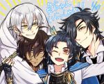  4boys ;d black_hair blue_hair brown_hair cape dated eyepatch feathers grin hair_feathers hood japanese_clothes male_focus multiple_boys one_eye_closed ookurikara open_mouth samosuke shokudaikiri_mitsutada smile taikogane_sadamune touken_ranbu translated tsurumaru_kuninaga white_hair yellow_eyes 