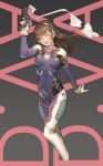  1girl bangs bodysuit brown_eyes brown_hair character_name d.va_(overwatch) facial_mark gloves gun head_tilt headphones highres long_hair looking_at_viewer one_eye_closed overwatch pilot_suit smoke solo tim_loechner weapon whisker_markings white_gloves 