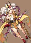  1girl :d arm_at_side bare_shoulders beads blonde_hair breasts brown_background claws cleavage facial_mark fate/grand_order fate_(series) from_above full_body headdress hirame_sa holding holding_weapon horns ibaraki_douji_(fate/grand_order) japanese_clothes kimono long_hair long_sleeves looking_at_viewer multicolored_hair off_shoulder oni_horns open_mouth red_skin rope short_kimono side_ponytail silver_hair simple_background smile solo standing tassel tattoo two-tone_hair two_side_up very_long_hair weapon wide_sleeves 