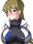  1girl bare_shoulders blonde_hair blush breasts brown_eyes highres impossible_clothes large_breasts long_hair looking_at_viewer mousou_fukuza_gata nose_blush open_clothes open_vest school_uniform sleeveless solo tenjouin_asuka turtleneck upper_body vest yuu-gi-ou yuu-gi-ou_arc-v 