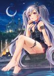  1girl armlet barefoot breasts castle cleavage crescent_moon crown cupcake long_hair mini_crown moon murakami_yuichi original silver_hair solo tongue tongue_out twintails violet_eyes wading 