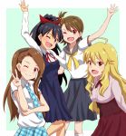  4girls ahoge black_hair black_ribbon black_skirt blonde_hair blue_eyes blue_skirt brown_eyes brown_hair collarbone futami_ami ganaha_hibiki green_eyes hair_ribbon hoshii_miki idolmaster lieass long_hair minase_iori multiple_girls one_eye_closed open_mouth pleated_skirt red_ribbon red_skirt ribbon school_uniform shirt short_hair skirt v white_shirt 