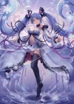  1girl 2016 artist_name black_legwear blue_eyes blue_hair covered_nipples detached_sleeves duplicate floating_hair full_body hatsune_miku highres lace lace-trimmed_thighhighs long_hair mool_yuegang navel snowflakes solo thigh-highs twintails very_long_hair vocaloid 