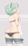  1girl antennae ass back blush bra choker cube85 from_behind green_eyes green_hair grey_background highres lingerie looking_at_viewer looking_back open_mouth panties profile shirt_removed short_hair shorts shorts_pull solo touhou underwear wriggle_nightbug 